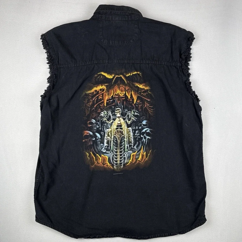 Y2K Bikers Edge Sleeveless Button Up Shirt Skulls Skeleton Motorcycle Flames L